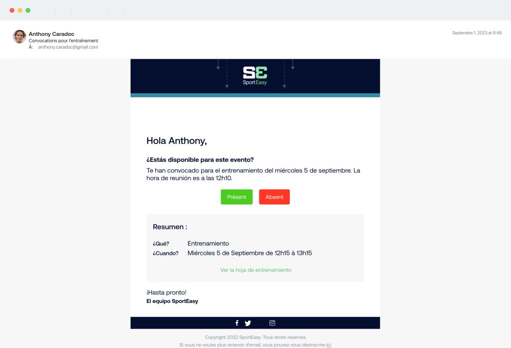 Los jugadores reciben las convocatorias por notificación push o por email