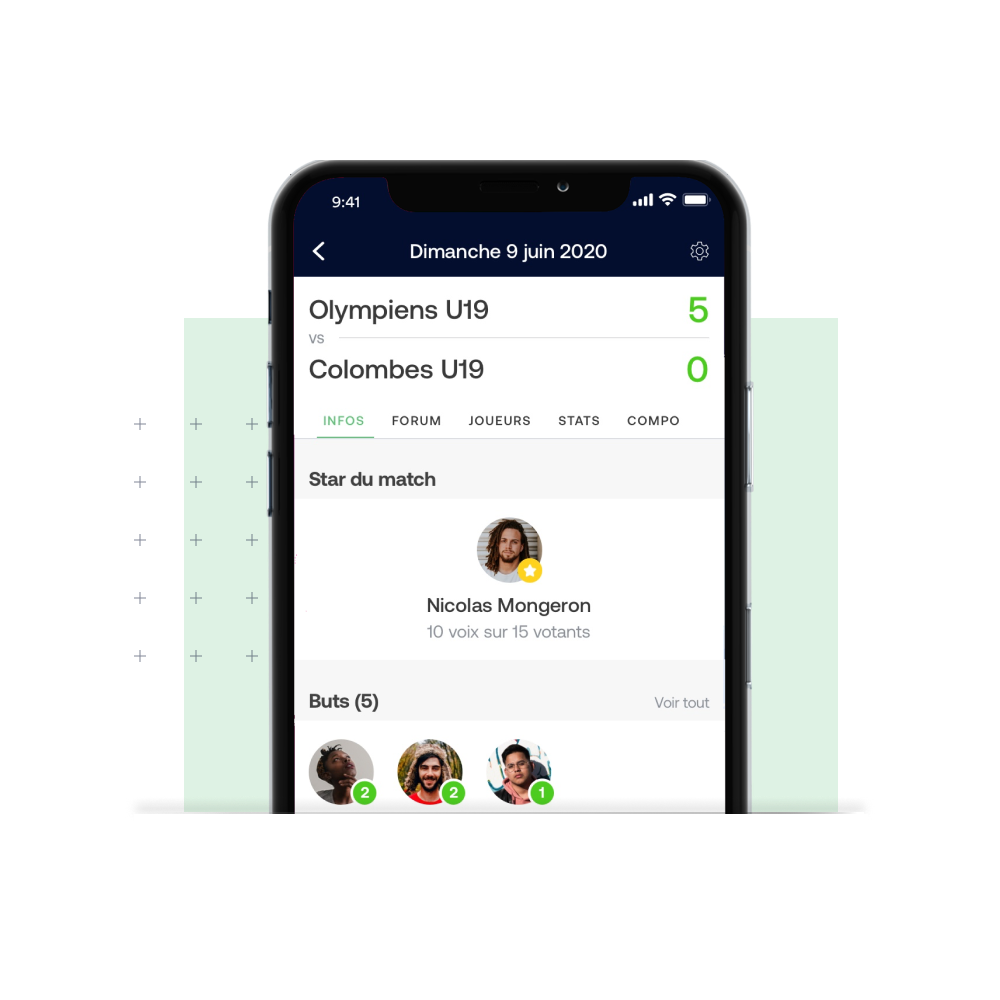 Écran de la feuille de match pour un joueur sur SportEasy